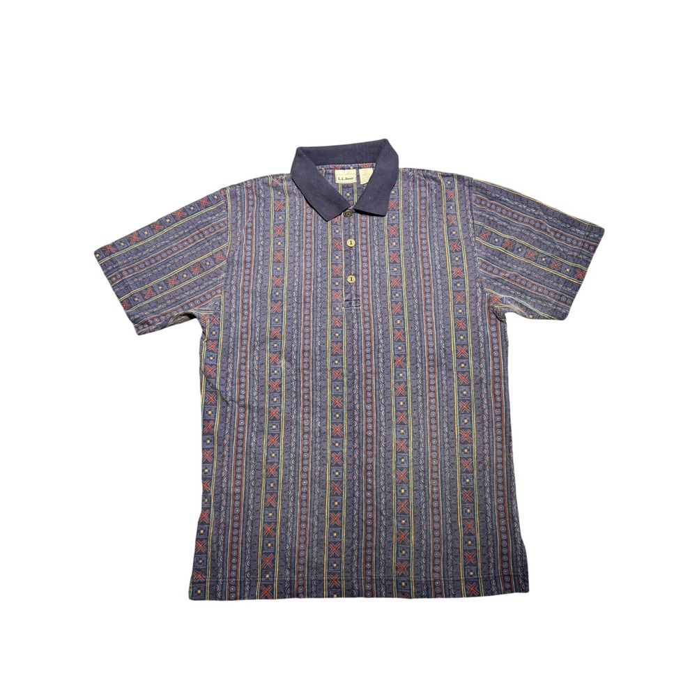 Vintage LL Bean Mens Medium Geometric Tribal Stripe Cotton Polo Shirt Blue